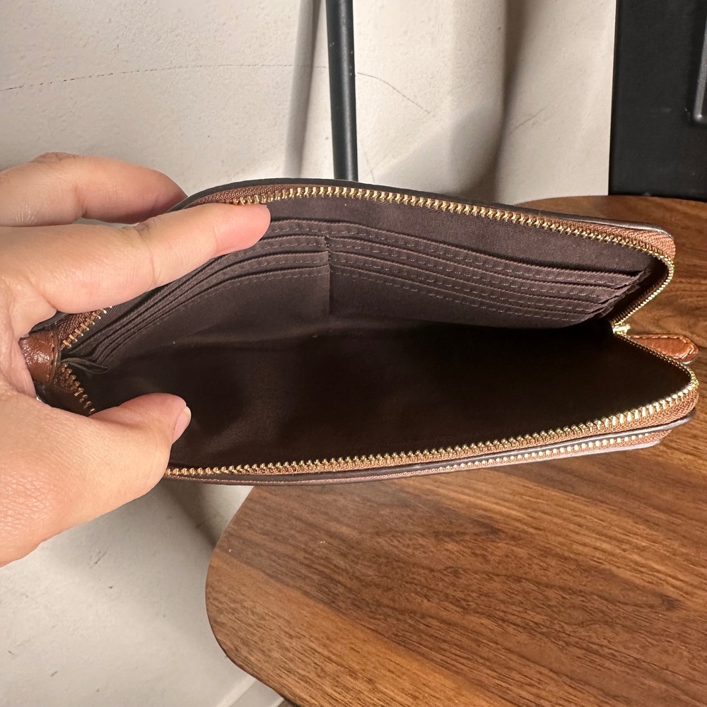 Coach Double Zip Wristlet Pebbled Leather Saddle Brown Gold Hardware Large - Picture 4 of 6